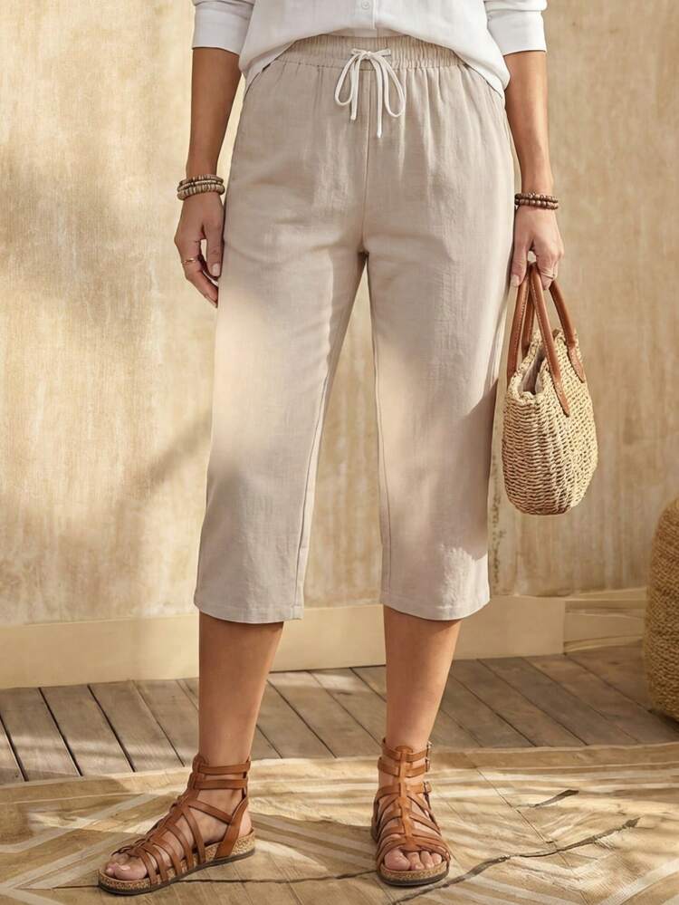 Women's Solid Color Front Tie Waist Casual Mid-Length Pants, Daily Casual Wear