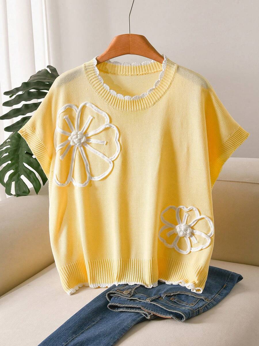 CosyJoli Suéter de manga de murciélago con volantes con estampado floral para vacaciones de talla grande - Amarillo - Ver 1