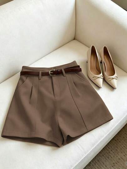 Franclia 法式极简时尚梭织纯色通勤休闲复古高腰A字阔腿新款女式短裤