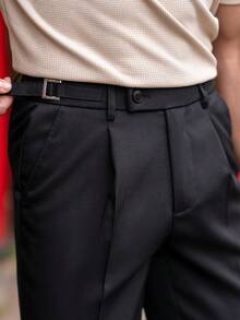 YOUESAWY YOUESAWY 男士纯色褶皱口袋直筒休闲裤男士黑色正装裤男士修身正装裤，秋季 - 黑色 - 查看 3