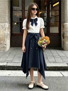 SHEIN Elladie kids 2件套优雅串珠蝴蝶结露脐上衣和半裙套装，适合少女，可用于生日派对、宴会、舞会、晚宴、花童、伴娘、毕业典礼、选美比赛、节日庆典和其他场合。 - 彩色 - 查看 1