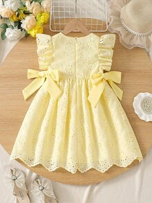 Elladie kids Đầm công chúa dáng xòe cho bé gái màu xanh hải quân chấm bi rỗng, cổ vuông, tay bồng, eo thắt, đính nơ (thích hợp cho đi chơi thường ngày / dự tiệc sinh nhật / đi học), tay bồng đáng yêu với nơ trang trí hai bên. - Màu vàng - Xem 3