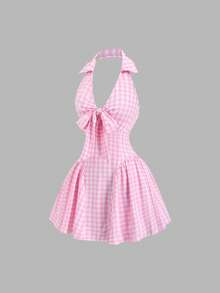 Sweetra Retro American Style Pink Plaid V-Neck Bow Tie Backless Waist Cinched Short Dress, Suitable For Picnic - Pink - View 3
