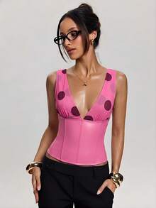 SHEIN BAE Women's Colorblock Pink Polka Dot Print Sleeveless Top Club Night Out Party Summer Sexy - Hot Pink - View 1