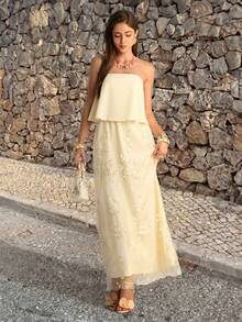 Firerie Vestido de playa elegante y romántico para mujer, vestido casual suelto sin tirantes de color blanco y albaricoque, adecuado para la playa, vacaciones, citas, fiestas, bodas, atuendo de verano - Blanco - Ver 6