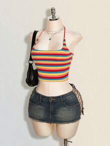 SHEIN ICON Top corto halter con espalda descubierta y acanalado para mujer - Multicolor - Ver 5