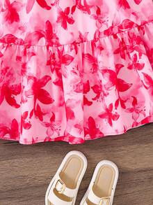 Emery Rose Kids Emery Rose Kids 女童雪纺碎花方领荷叶边下摆休闲连衣裙 - 粉色 - 查看 3