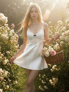 Sweetina Sexy V-Neck Lace Sheer Patchwork Mini Dress - White - View 1