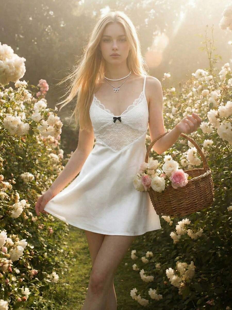Sweetina Sexy V-Neck Lace Sheer Patchwork Mini Dress - White - View 1