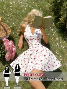 SHEIN PETITE CURVE Damen Große Größen Rückenfreies Spaghetti-Träger Kirschprint Geraffter Taille Elegantes Mini Partykleid - Weiss - Übersicht 3