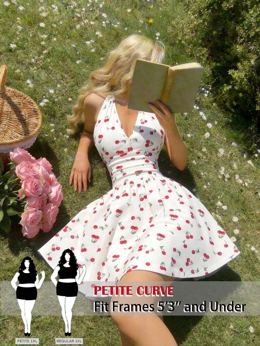 SHEIN PETITE CURVE Đầm dự tiệc mini thanh lịch, hở lưng, dây mảnh, in hình quả anh đào, eo nhún bèo dành cho nữ cỡ lớn. - trắng - Xem 1