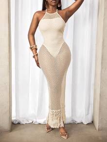 BamGleam Vintage Sexy Women's Light Beige Knitted Fabric Halter Neck Sleeveless Bodycon Midi Fringe Dress Beach Vacation Summer - Apricot - View 3