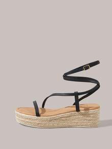 Styleloop Women's Black Fashion Solid Color Woven Casual Platform Wedge Sandals, Bohemian Vacation Style Vintage Ba Canvas Platform Ankle Sandals, Western Style, Music Festival Party Clothing, Vacation Atmosphere, Summer Wear, Travel Essentials - Black 3 - View 3