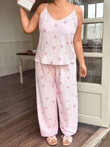 Napfluff CURVE Napfluff CURVE Plus Size Pink Striped Heart Print Camisole Top And Pants Pajama Set - Pink - View 2