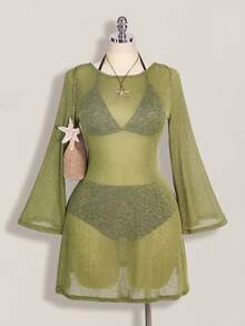 SHEIN ICON 大码女士露背透视度假连衣裙 - 軍綠色 - 查看 3