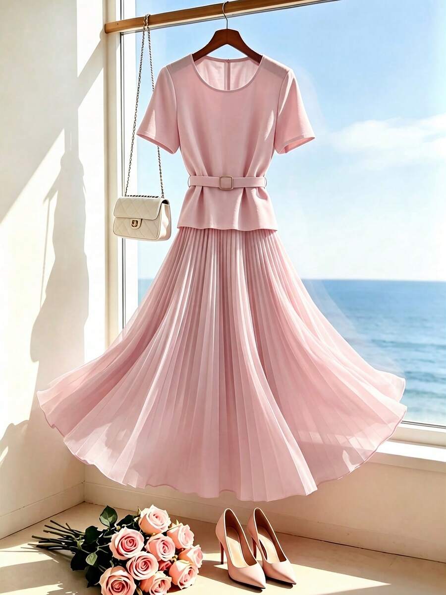 SHEIN Franclia 女士优雅粉色短袖收腰上衣和百褶裙两件套 - 淺粉色 - 查看 1