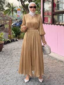 DAZY Gaun Patchwork Seksi Elegan Wanita dengan Sabuk, Set Dua Potong, Warna Pastel Golf Musim Gugur - Khaki - View 4