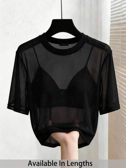 SHEIN PETITE CURVE Plus Size Women's 2-Piece Set: Casual Solid Color Cropped Camisole And Round Neck Loose Cropped Sheer Mesh Short Sleeve Top, Summer,Suitable For Summer, Daily Commute, Dating, Party, Christmas, New Year, Thanksgiving, Party, Wedding, Beach, Graduation Ceremony, Fashion, Elegant, Casual, Outing, Dating, Reservation, Commuting, Shiny, Valentine's Day, Elegant, Vacation, Casual, Y2K, Outing, Graduation Ceremony And Other Occasions,Black Top
