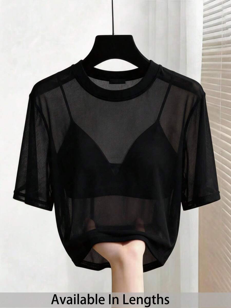 SHEIN PETITE CURVE 大尺碼女款兩件套:黑色透視網紗短袖上衣與短版背心上衣,夏季休閒時尚夜店 Y2K 風格優雅派對穿搭 - 黑色 - 查看 1