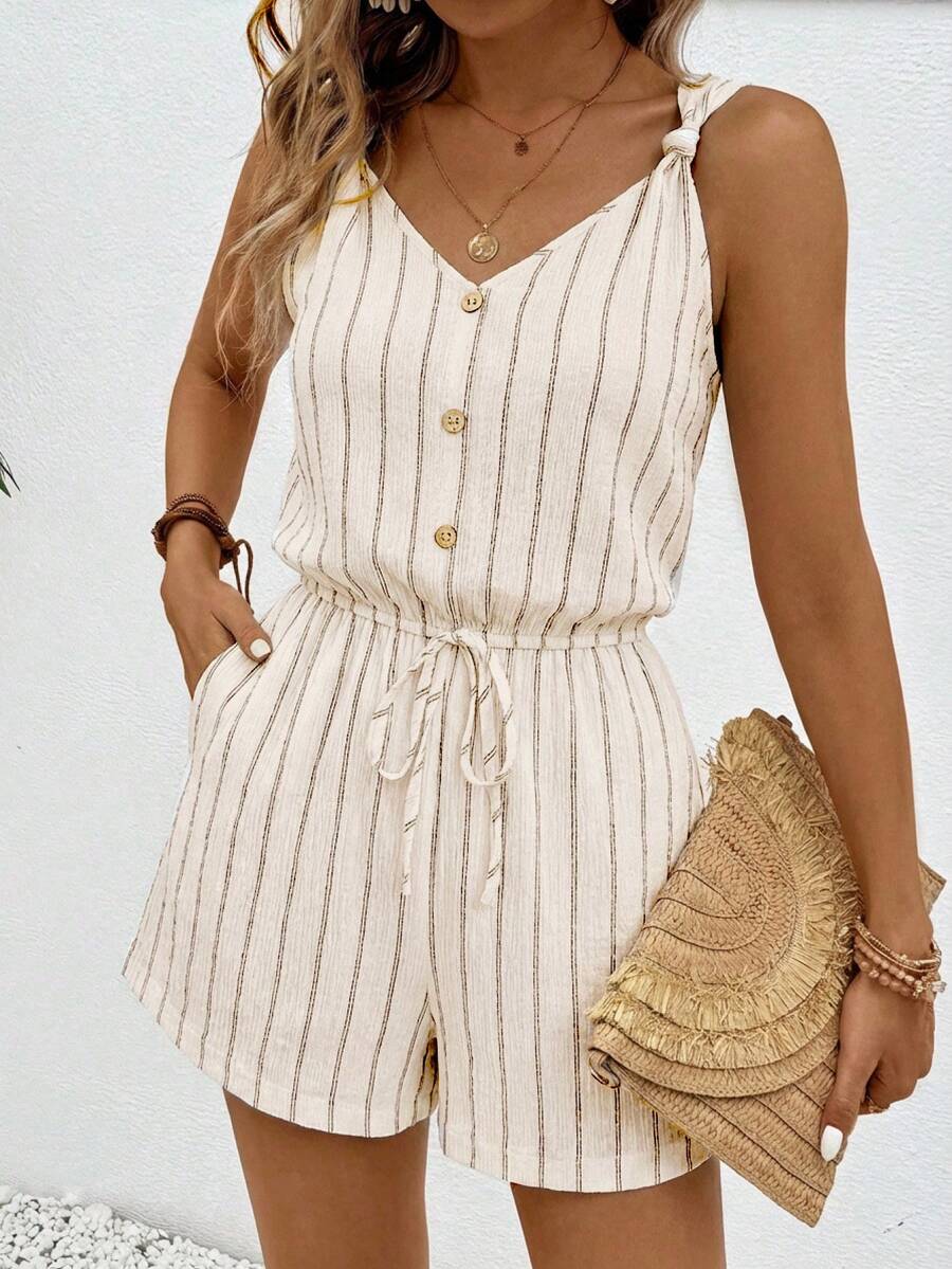 SHEIN Frenchy Mono corto de verano casual y sencillo para mujer con botones decorativos y cintura elástica, monos cortos de mujer, mono de lino cómodo para mujer - Albaricoque - Ver 1