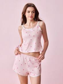Women's Pink Heart & Ribbed Lace Silk Camisole Shorts Pajama Set - Pink - View 3