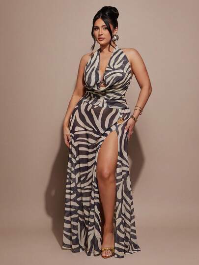 SHEIN BAE Plus Size Fashionable Elegant High Slit Plunging Neck Backless Dress Holiday Party Beige Summer,Wild Logic Halter Maxi Dress,Women's Printed Summer Dress, Backless Halter Design, Slit,Festival Outfits ,Summer ,Beach Outfits,Going Out,Birthday Outfits For Women,Plus Size ,Curve,Vacation Outfits Women,Wedding Guest Dress For Women,Elegant Long Party Dress,Graduation Dress Women,Elegant Women's Ceremony Dress,Casual Dresses For Women,Work Outfits For Women