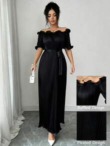 Modelyn Đầm ngắn tay màu sâm panh, trễ vai, viền bèo nhún, thanh lịch - màu đen - Xem 6
