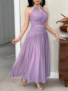 Feyla Women's Summer Solid Color Ruched Backless Halter Dress - Purple - View 7