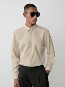 MENRIVO Men's Solid Color Long Sleeve Pocket Daily Commuting Casual Shirt, Spring & Summer, Beige Men Shirt, Fall - Khaki - View 5