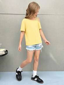 Firerie Kids Firerie Kids Nova Glow 少女休闲度假纯色针织单肩短袖上衣 - 黃色 - 查看 5