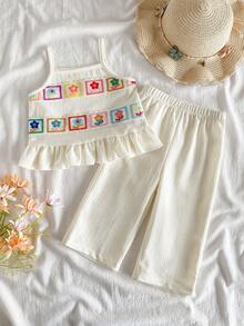 SHEIN Vintaside Kids 2件組女嬰白色夏季可愛度假風紋理布料鉤編花卉圖案上衣與褲子套裝，優雅韓風女嬰套裝 - 杏色 - 查看 1