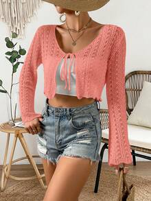 Breezaya Vacation Casual Boho Solid Color Hollow Out Knit Cardigan Coral Pink Autumn - Watermelon Pink - View 7