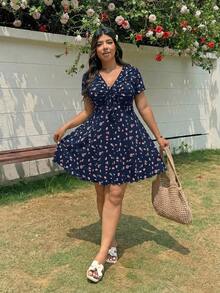 Solflare Plus Size Multicolor Ditsy Floral Casual Dress For Women - Navy Blue - View 5