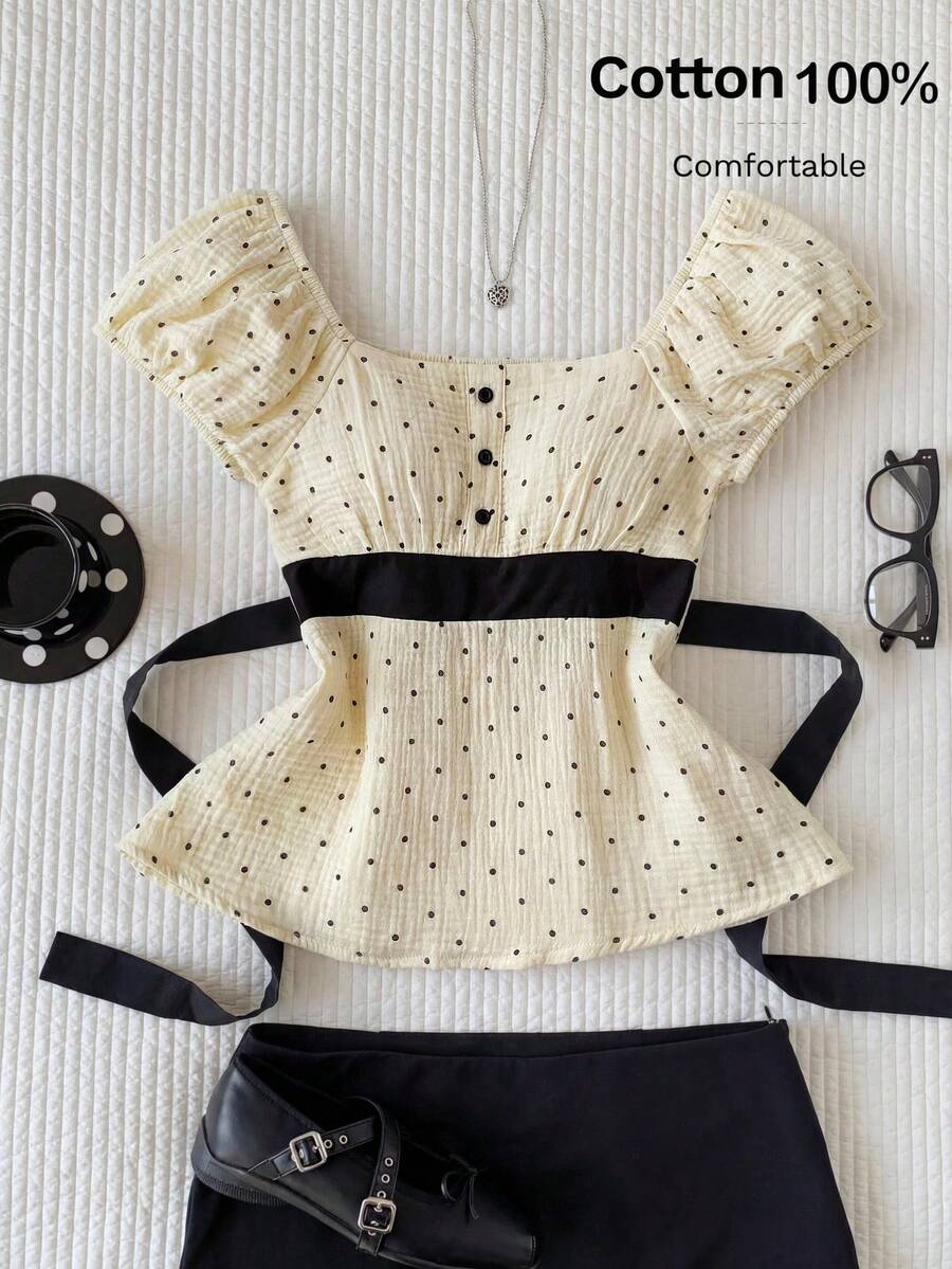 SHEIN Áo kiểu tay cánh hoa chấm bi bằng vải chiffon cho bé gái tuổi teen, dễ thương và ngọt ngào. - Màu vàng - Xem 1