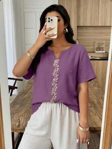 Apricot Linen Fabric Short Sleeve Lace Patchwork Plus Size Vacation Top, Spring/Summer - Purple - View 5