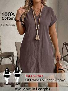 SHEIN Tall CURVE Đầm cotton đơn giản, màu trơn, cài cúc đơn dành cho nữ cỡ lớn - màu nâu - Xem 2