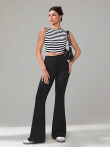 SHEIN Tall CURVE 大码女装秋冬返校休闲家居服瑜伽舒适户外纯黑色针织弹力腰高腰口袋喇叭裤，带口袋打底裤 - 黑色 - 查看 6