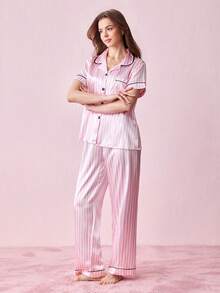 Bonmuse 3件組短袖上衣+短褲+長褲條紋印花口袋居家服套裝，女款春夏睡衣 - 彩色 - 查看 13