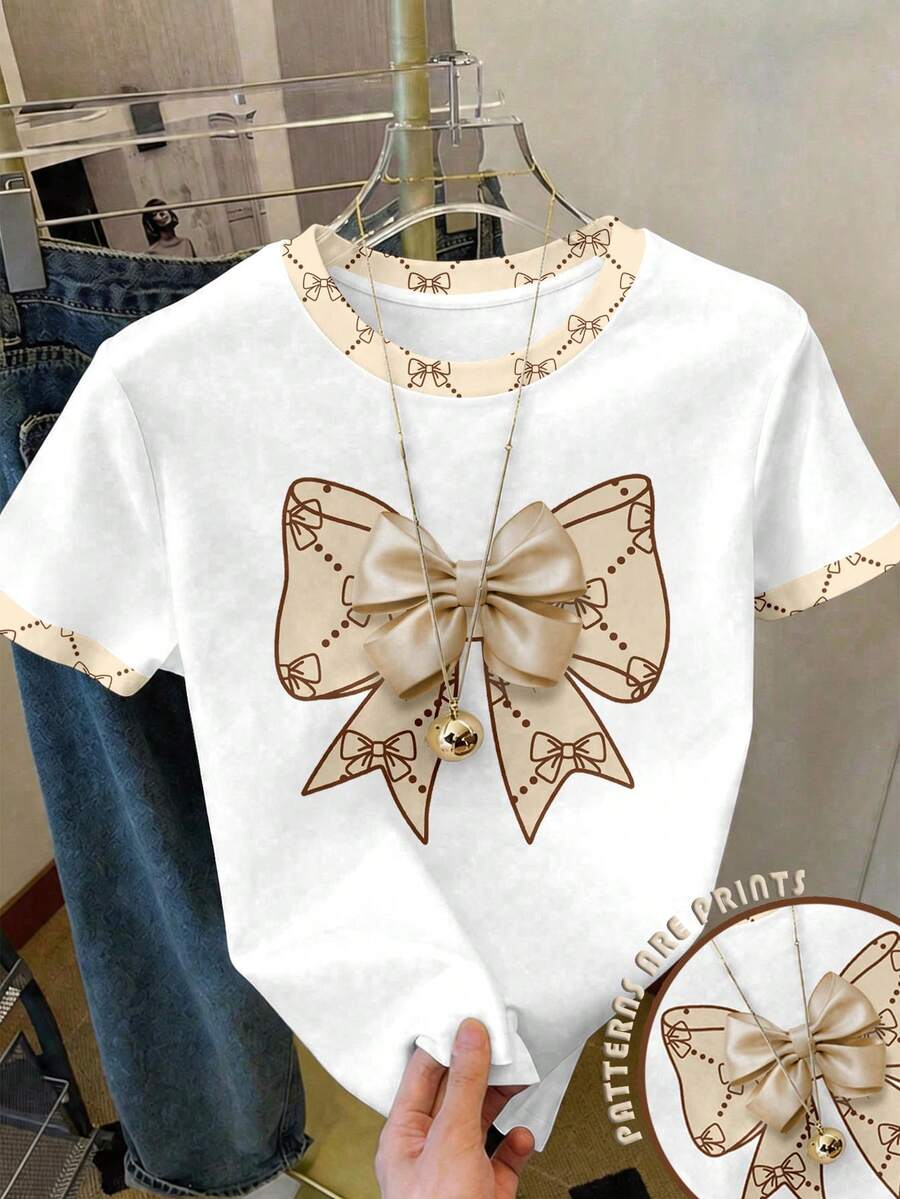 Tween Girls' Casual Minimalist Short Sleeve Round Neck T-Shirt, Classic Cool Bowknot Print, Suitable For Summer - Multicolor - View 1