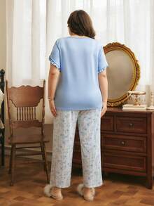 Côtesoire Conjunto de pijama de talla grande con cuello redondo, manga corta, volantes y contraste de color, de punto y estilo floral romántico francés - Azul - Ver 2
