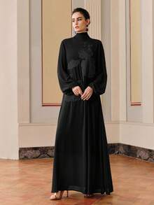 Anewsta Women's Solid Color Turtleneck Elegant Long Sleeve Dress - Black - View 3