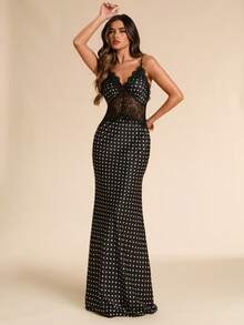 SHEIN BAE Đầm maxi đuôi cá bằng satin màu đen chấm bi, dây mảnh, cổ áo phối ren, eo xuyên thấu, chất liệu satin, kiểu dáng gợi cảm, cổ điển, thanh lịch, thích hợp cho tiệc tùng. - màu đen - Xem 1
