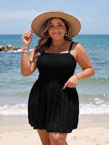 Swim Lushoire Plus Size Solid Color Spaghetti Strap Beach Gym Dress Summer - Black - View 4
