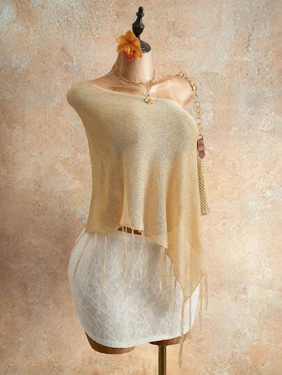 SHEIN BamGlam Women'sGold Crochet Beach Cover Up - Knit Tunic With Tassels, Sheer Mesh Hollow Out Bikini Top, Boho Summer Swimwear, Pool Party Outfit, Handmade Knitwear For Vacation Spring Outfit Women Beach Top For Women