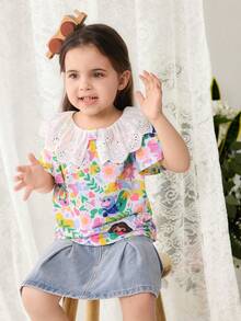 DORA | SHEIN Young Girl Allover Print & Embroidered Casual Everyday Short Sleeve T-Shirt - White - View 4