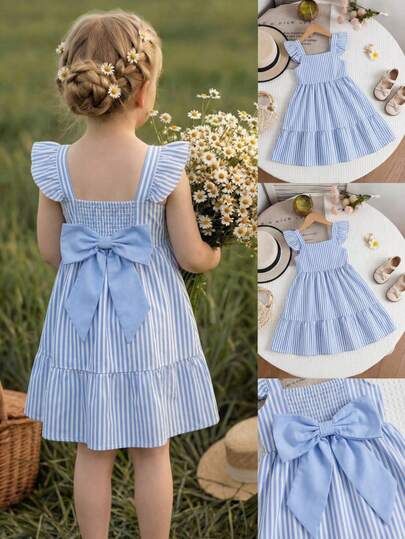 SHEIN Young Girls Striped Butterfly Dress, Blue & White Striped Floral Print Bow Ruffle Hem Short Sleeve Pink Casual Dress, Fashionable Infant Daily Wear Dress, Spring/Summer Holiday Style,Double-Sided, Bow, Polka Dot Double-Sided