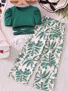 SHEIN 2件套少女碎花度假套装，绿色夏季柔软舒适服装套装，适合夏季穿着 - 綠色 - 查看 9