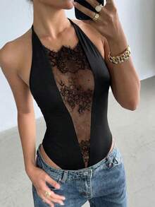 Aloruh Bộ đồ liền thân không tay, xuyên thấu, hở lưng, gợi cảm phong cách lễ hội âm nhạc Y2K, màu đen. - màu đen - Xem 2