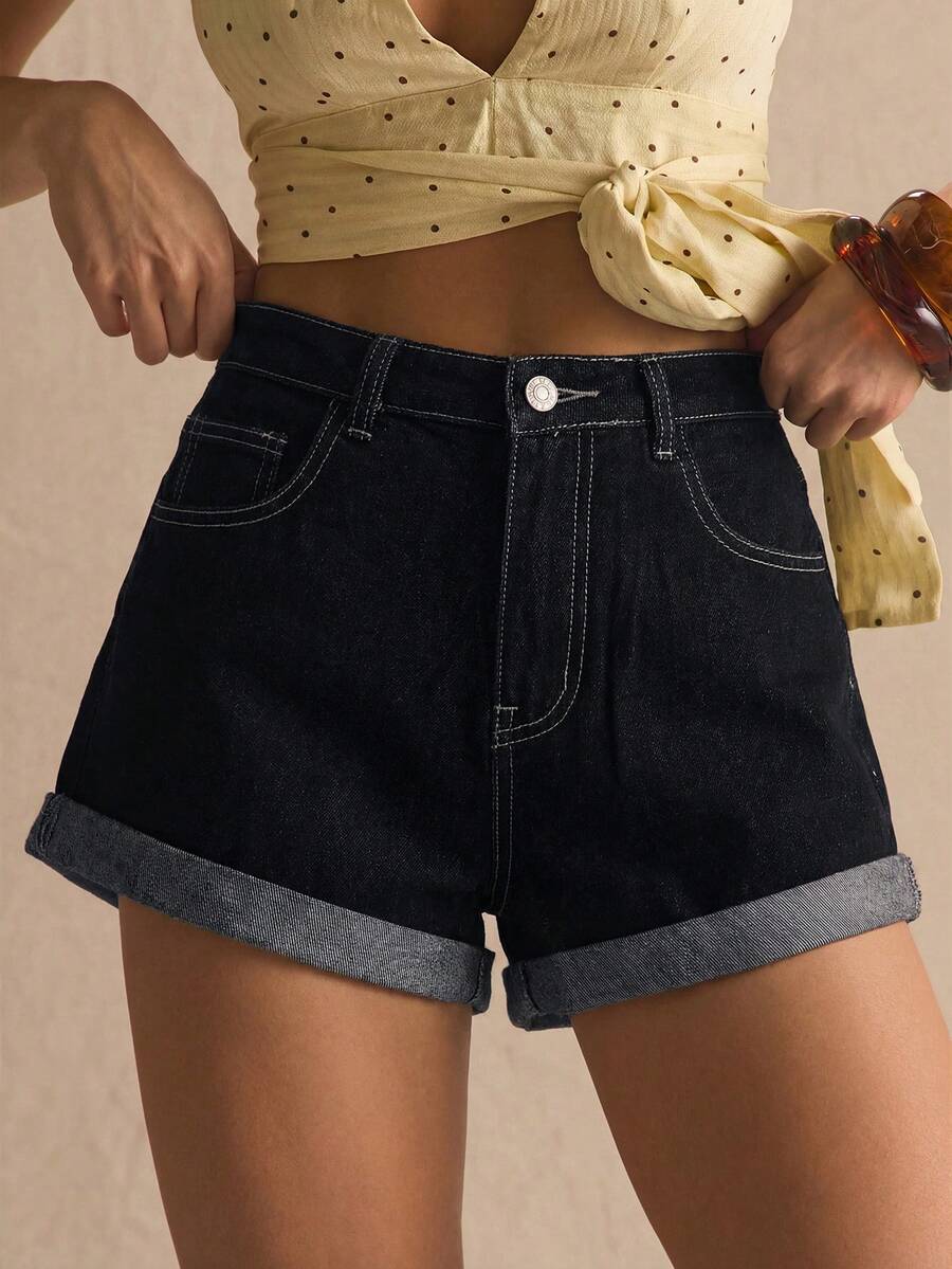 MUSERA Quần short denim dáng suông, cạp trung bình, có gấu lật lên, thích hợp cho mùa xuân hè, ấm áp, dễ thương, mặc hàng ngày, nữ tính, đi nghỉ mát, tắm nắng, giao lưu. - Màu xanh hải quân - Xem 1