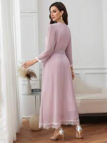 SHEIN Najma Women's Contrast Lace Square Collar Long Sleeve Elegant Arabic Style Dress - Purple - View 2